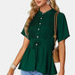 Emerald green pleated short-sleeve blouse with button front, peplum hem and tied round neck