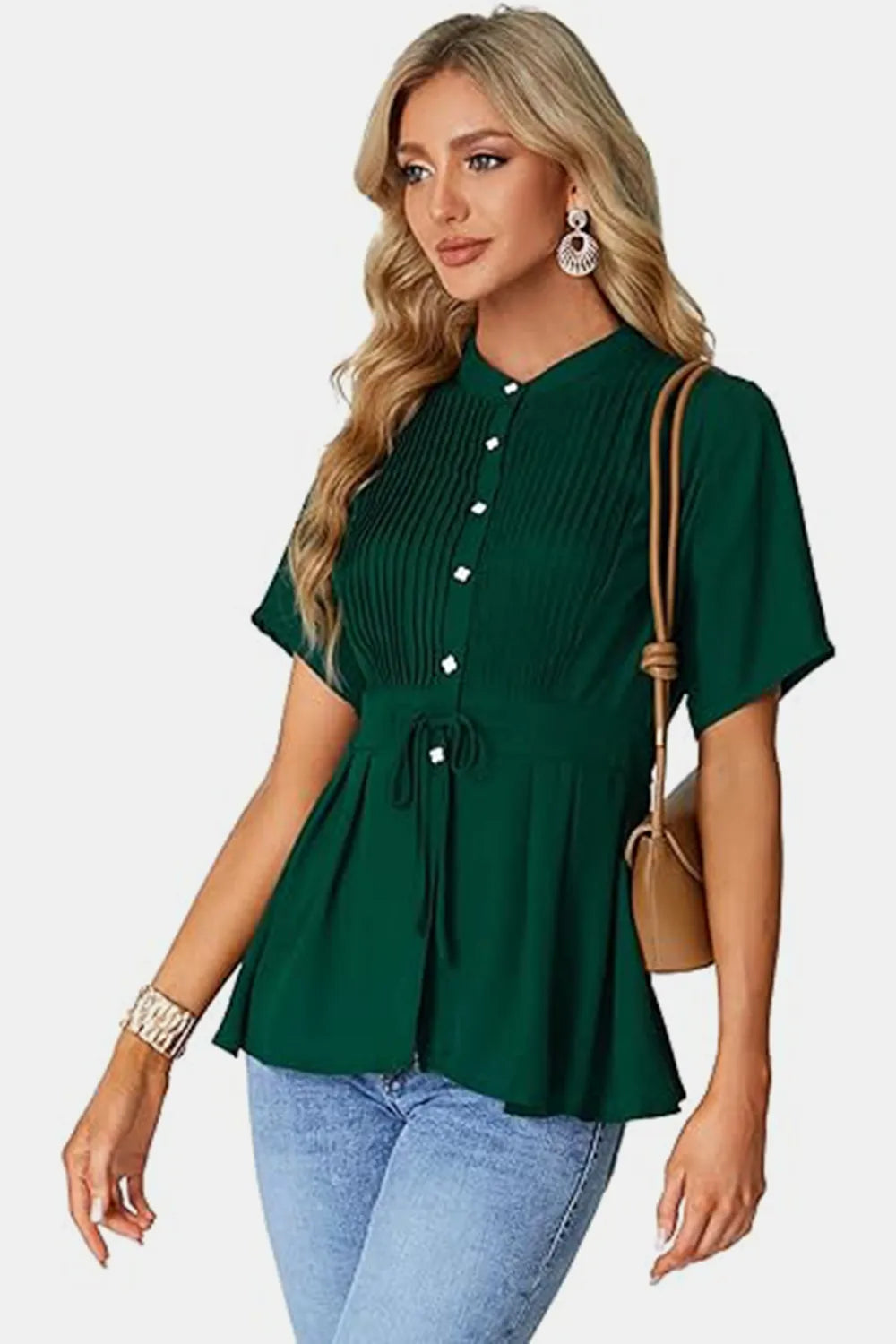 Emerald green pleated short-sleeve blouse with button front, peplum hem and tied round neck