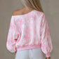 Blush pink floral print one-shoulder oversized sweatshirt with tie-dye pattern