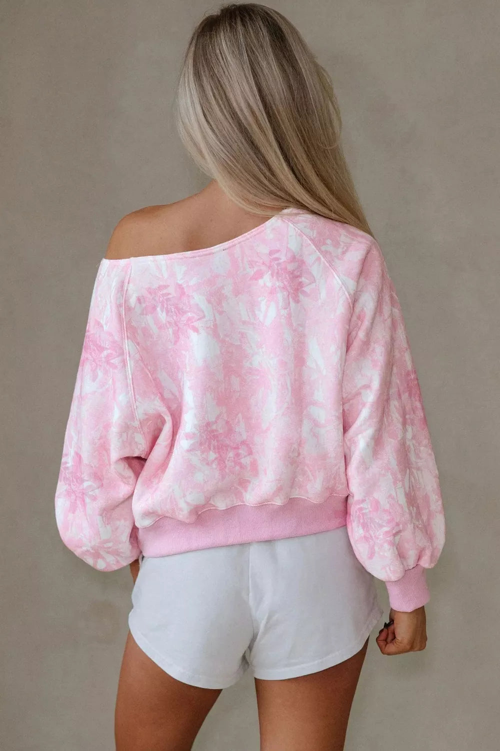 Blush pink floral print one-shoulder oversized sweatshirt with tie-dye pattern