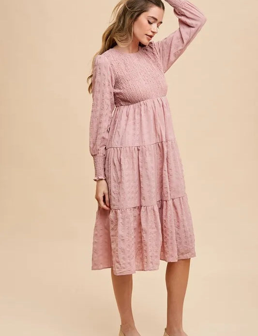 Annie Wear Textured Smocking Bodice Tiered Midi Dress | Daverri Fashions