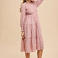 Annie Wear Textured Smocking Bodice Tiered Midi Dress - DAVERRI FASHIONS