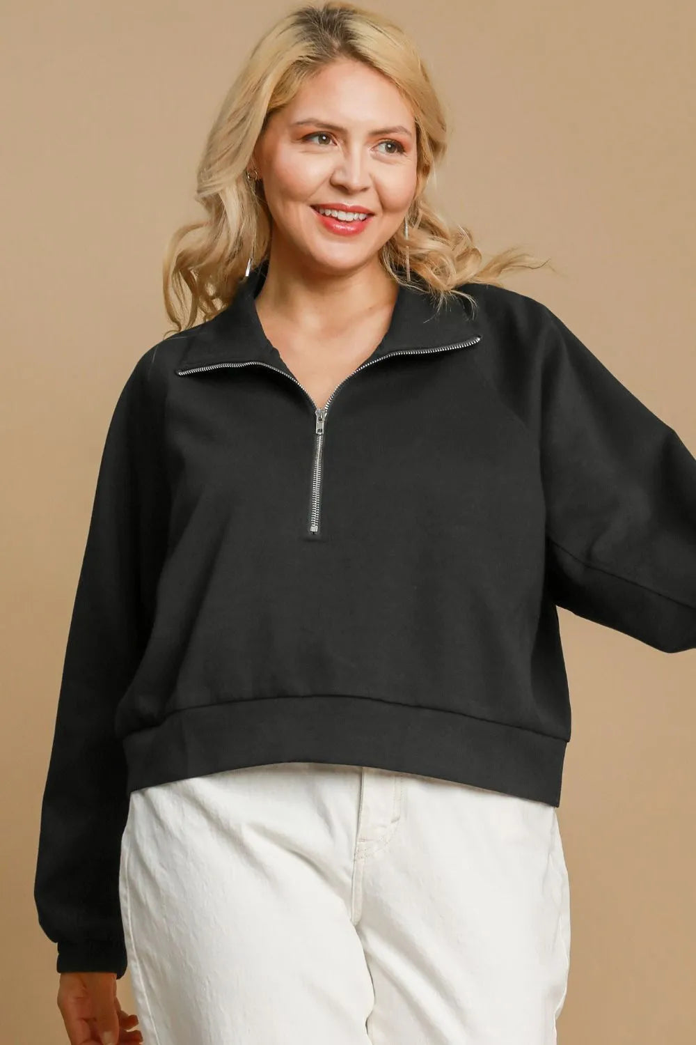 Umgee Full Size Half Zip Cropped Sweatshirt Plus Size | Daverri Fashions