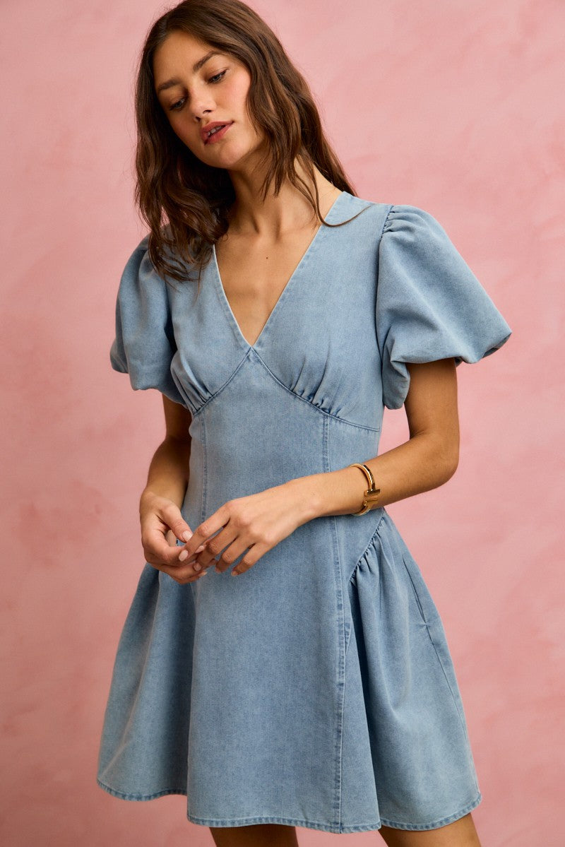 SO ME bubble sleeves light blue denim fit and flare mini dress with v-neckline