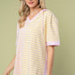 Striped Short Sleeve Drawstring Hooded Top Tops