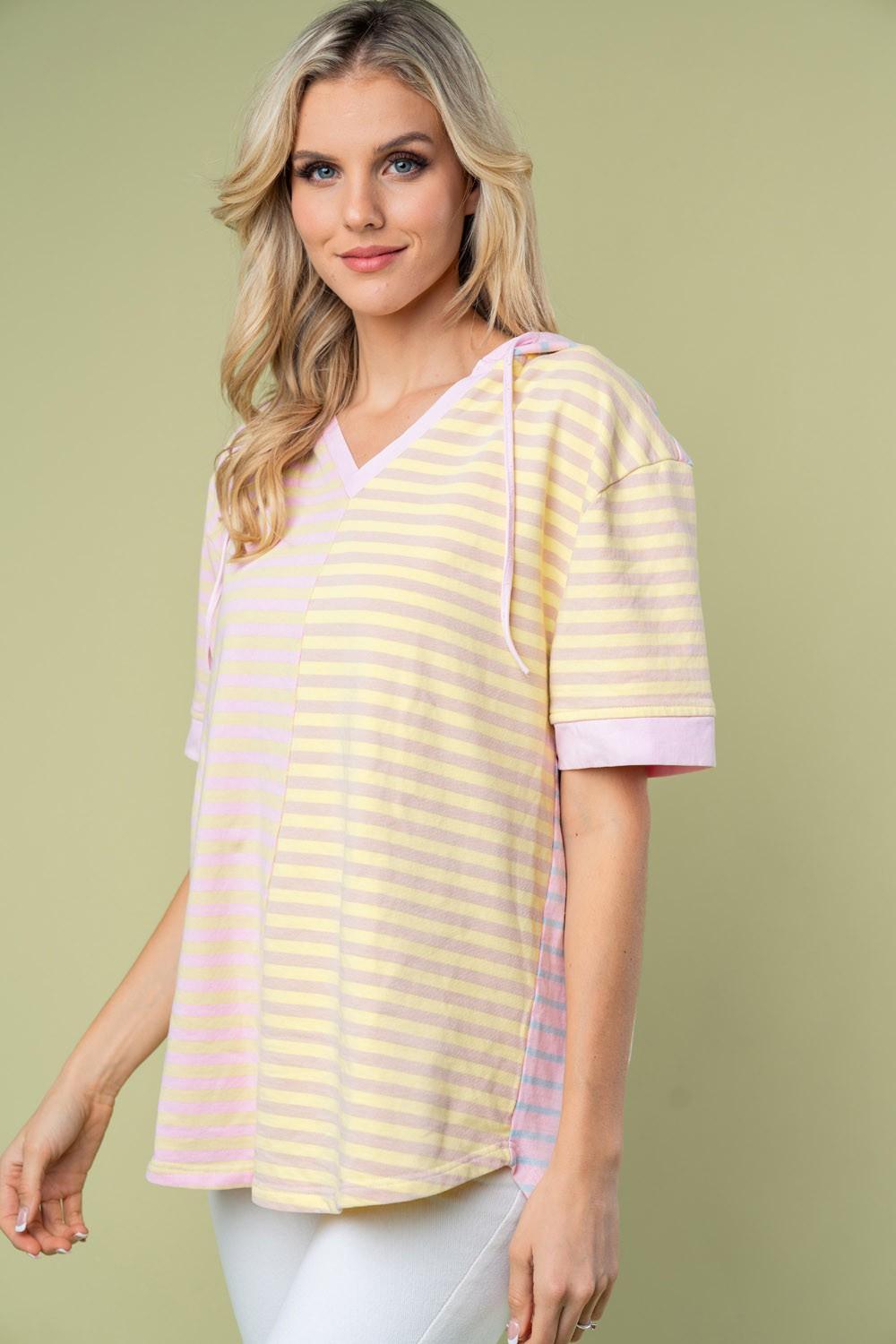 Striped Short Sleeve Drawstring Hooded Top Tops