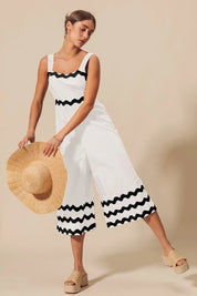 IVORY BLACK SO ME Scallop Ric Rac Trimmed Wide Leg Jumpsuit | Jumpsuits Daverri Fashions