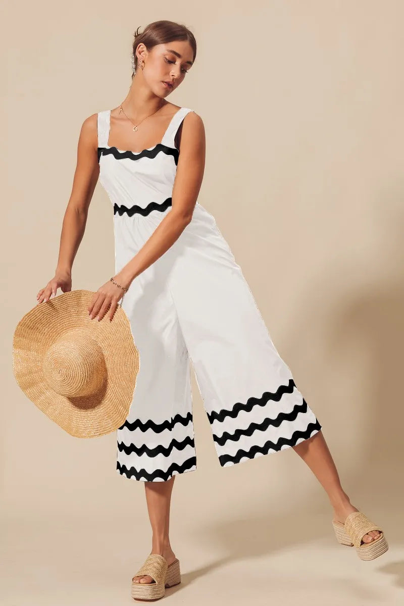 SO ME Scallop Ric Rac Trimmed Wide Leg Jumpsuit IVORY BLACK Jumpsuits