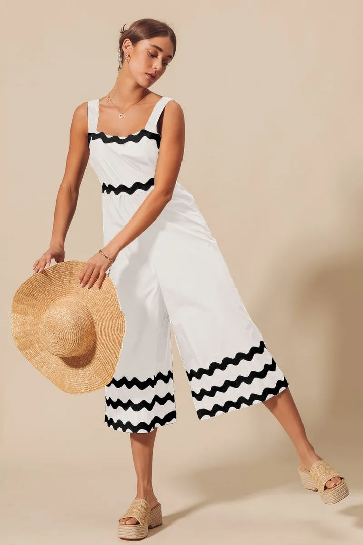 SO ME Scallop Ric Rac Trimmed Wide Leg Jumpsuit IVORY BLACK Jumpsuits