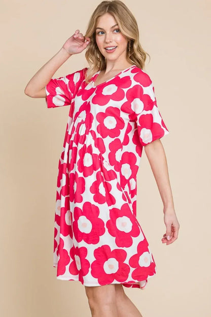 BOMBOM Flower Print Ruched Dress - DAVERRI FASHIONS