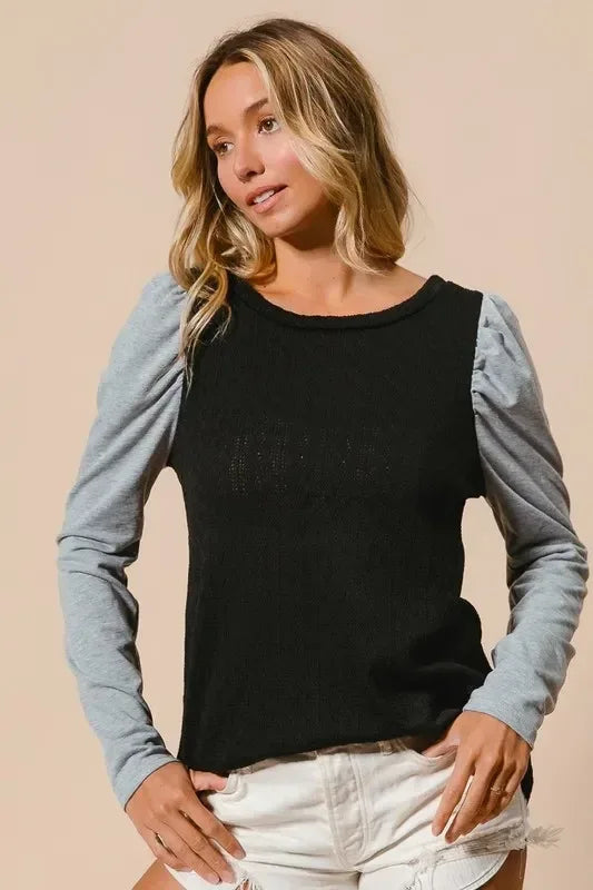 BiBi Cable Sweater Knit Top with Contrast Puff Sleeve - DAVERRI FASHIONS