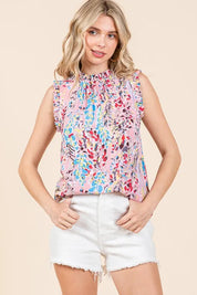 Lime 'N' Chili Full Size Graphic Print Ruffle Trim Mock Neck Sleeveless Top Plus Size | Tops Daverri Fashions