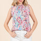 Lime 'N' Chili Full Size Graphic Print Ruffle Trim Mock Neck Sleeveless Top Plus Size