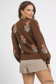 Umgee Floral Knit Sweater with Puff Sleeves | Daverri Fashions