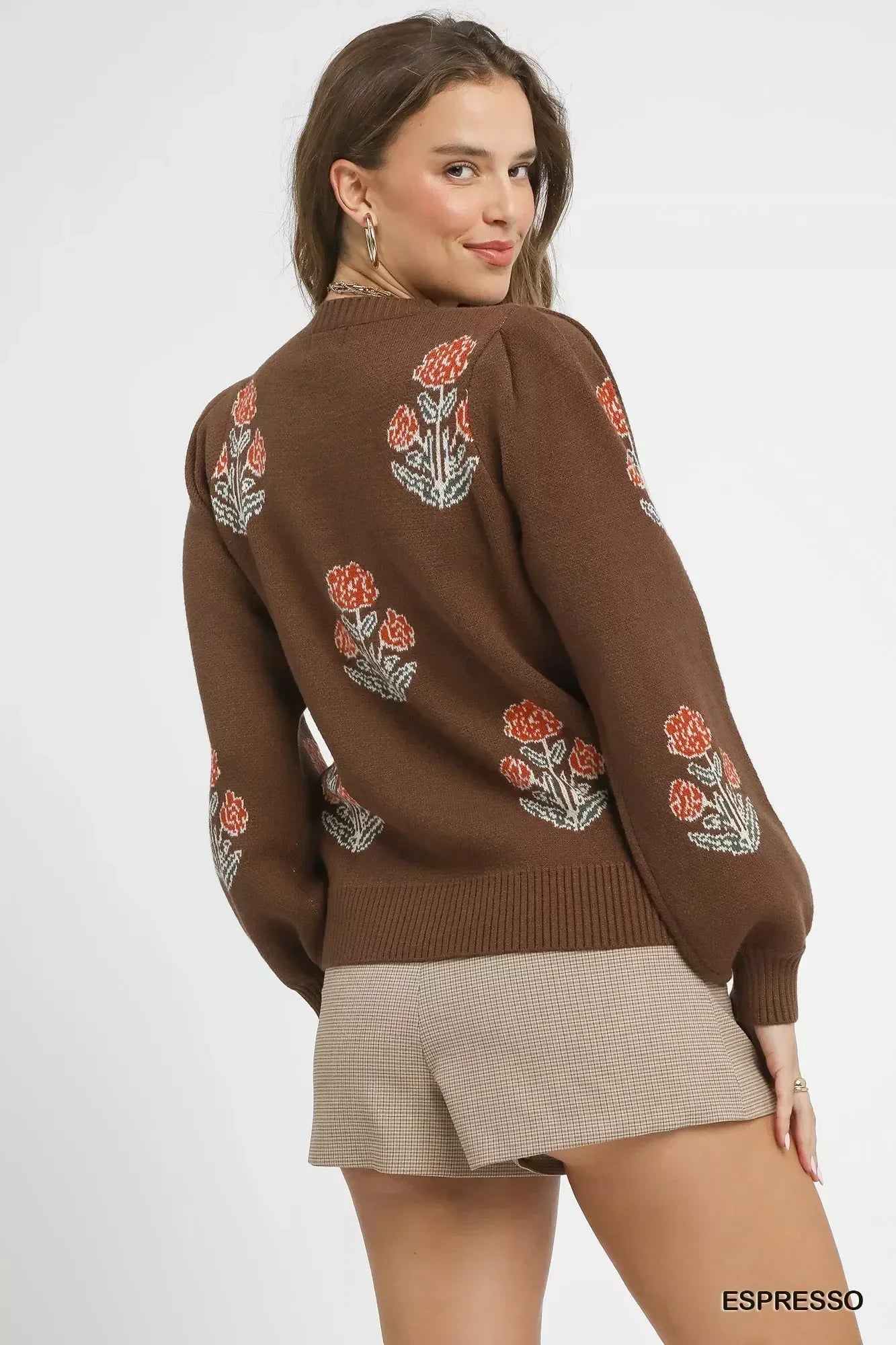 Umgee Floral Knit Sweater with Puff Sleeves - DAVERRI FASHIONS