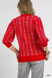 Umgee Jacquard Knit Puff Sleeve Sweater | Sweaters Daverri Fashions