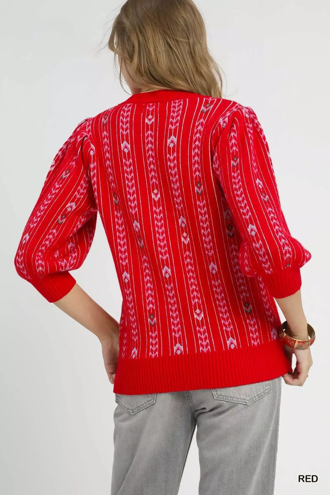 Umgee Jacquard Knit Puff Sleeve Sweater - DAVERRI FASHIONS