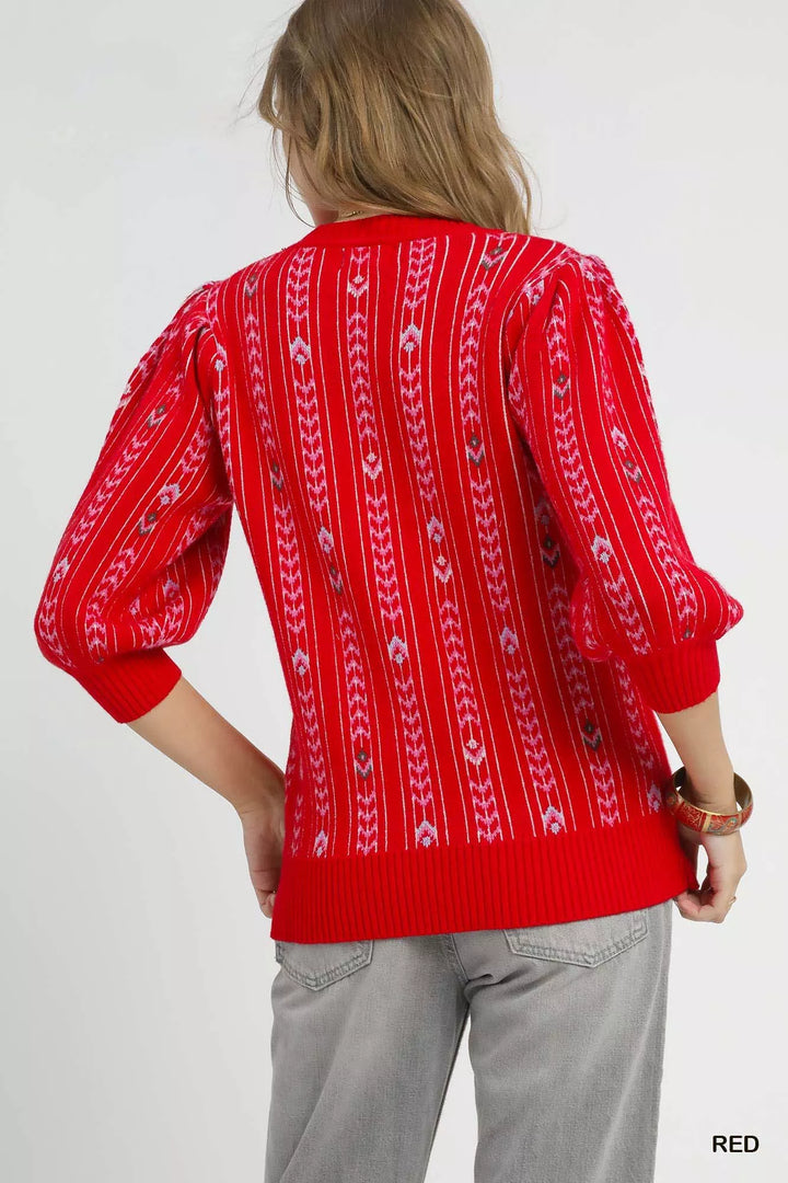 Umgee Jacquard Knit Puff Sleeve Sweater | Sweaters Daverri Fashions