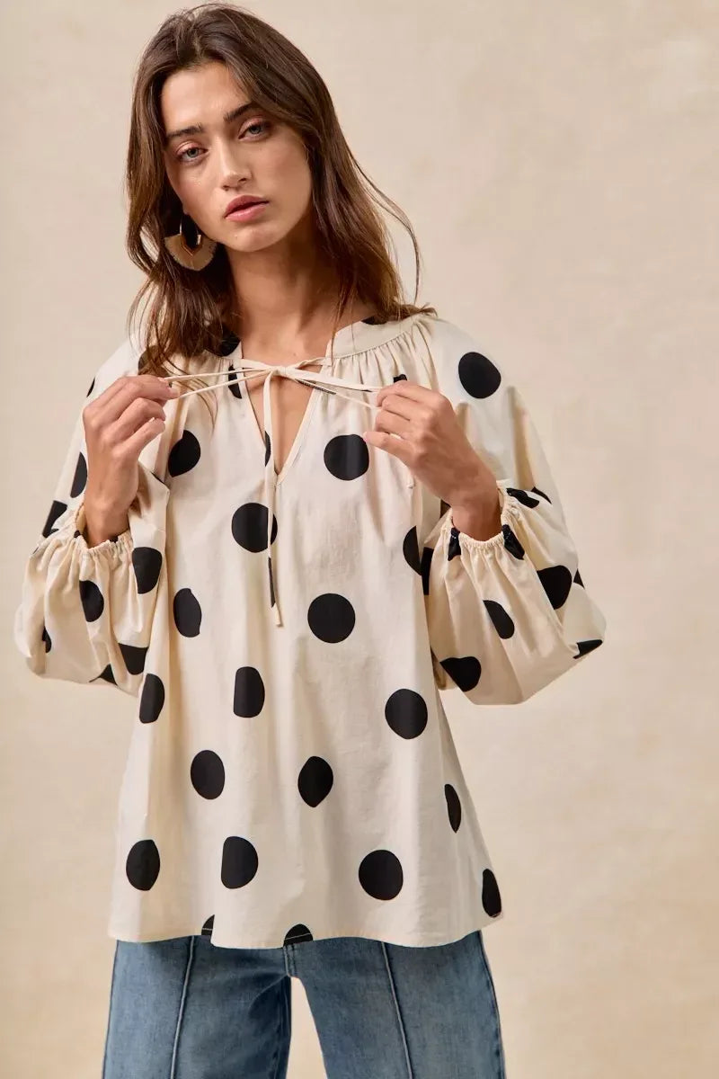 BiBi Polka Dot Exaggerated Balloon Sleeves Blouse - DAVERRI FASHIONS