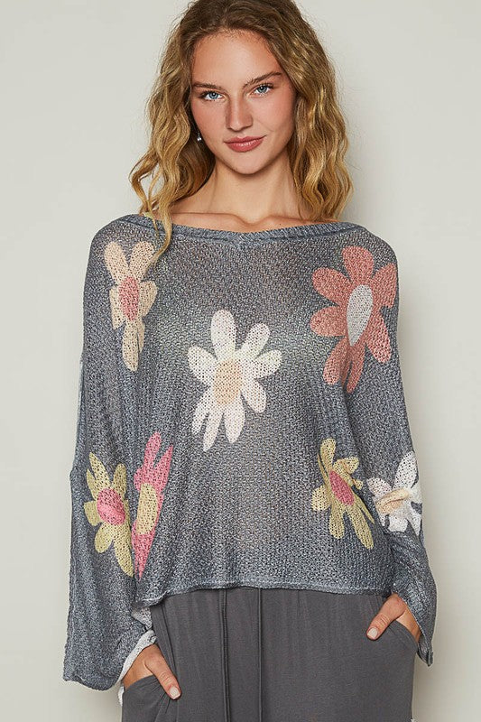 POL Flower Dropped Shoulder Long Sleeve Knit Top Charcoal Tops