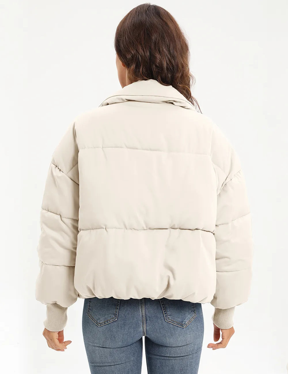 Cream zip-up turtleneck long sleeve puffer jacket with hood and quilted design