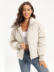Beige zip-up turtleneck long sleeve puffer jacket with hood