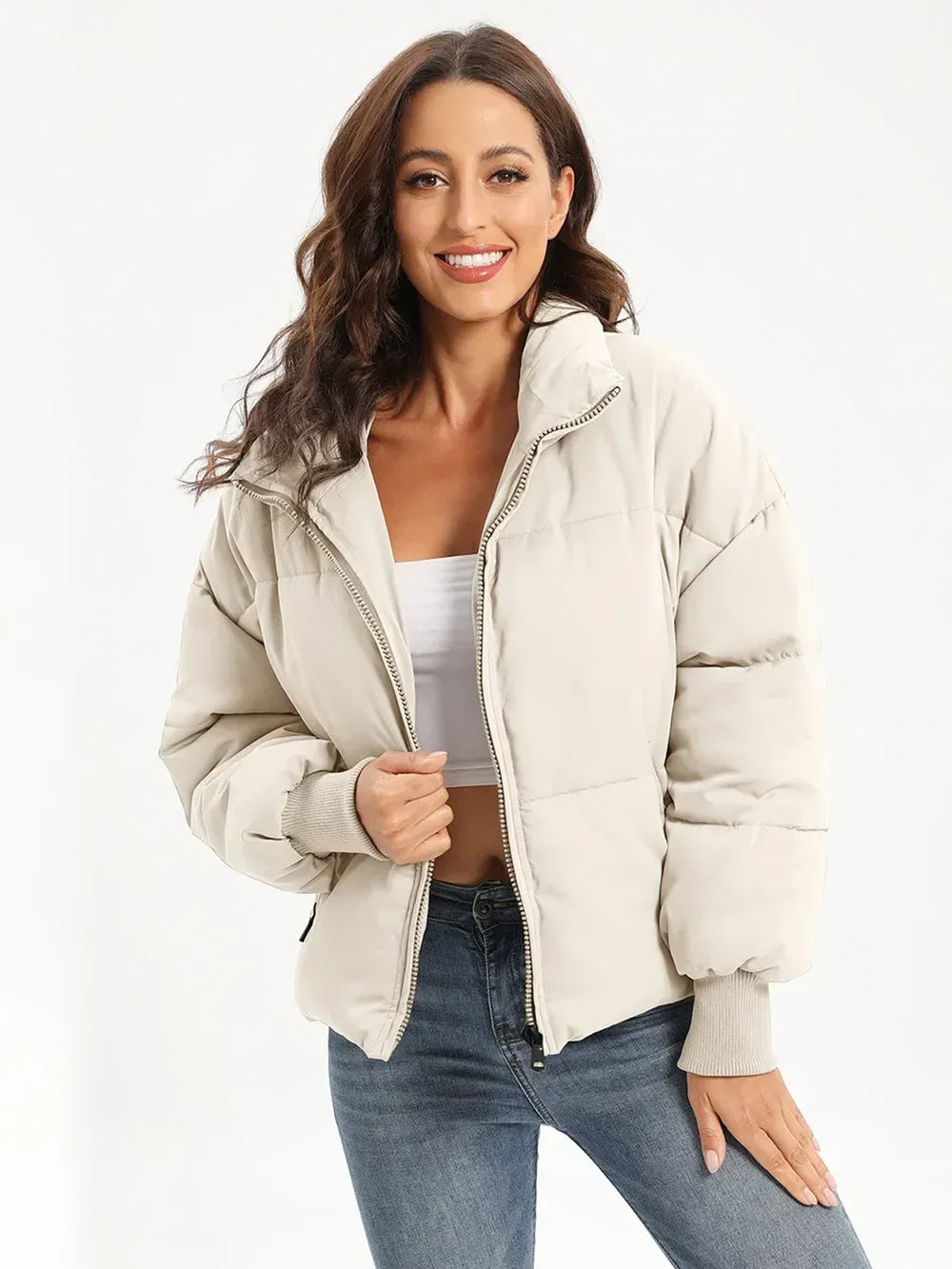 Zip Up Turtleneck Long Sleeve Puffer Jacket - DAVERRI FASHIONS