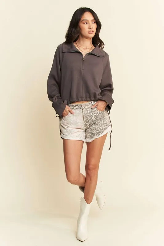 Davi & Dani Drawstring Hem Half Zip Raglan Sleeve Sweatshirt Sweatshirts