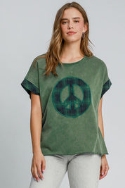 Umgee Peace Applique Round Neck French Terry Top Dark Green S Tops