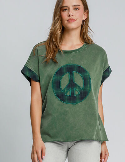 Umgee Peace Applique Round Neck French Terry Top Dark Green S Tops