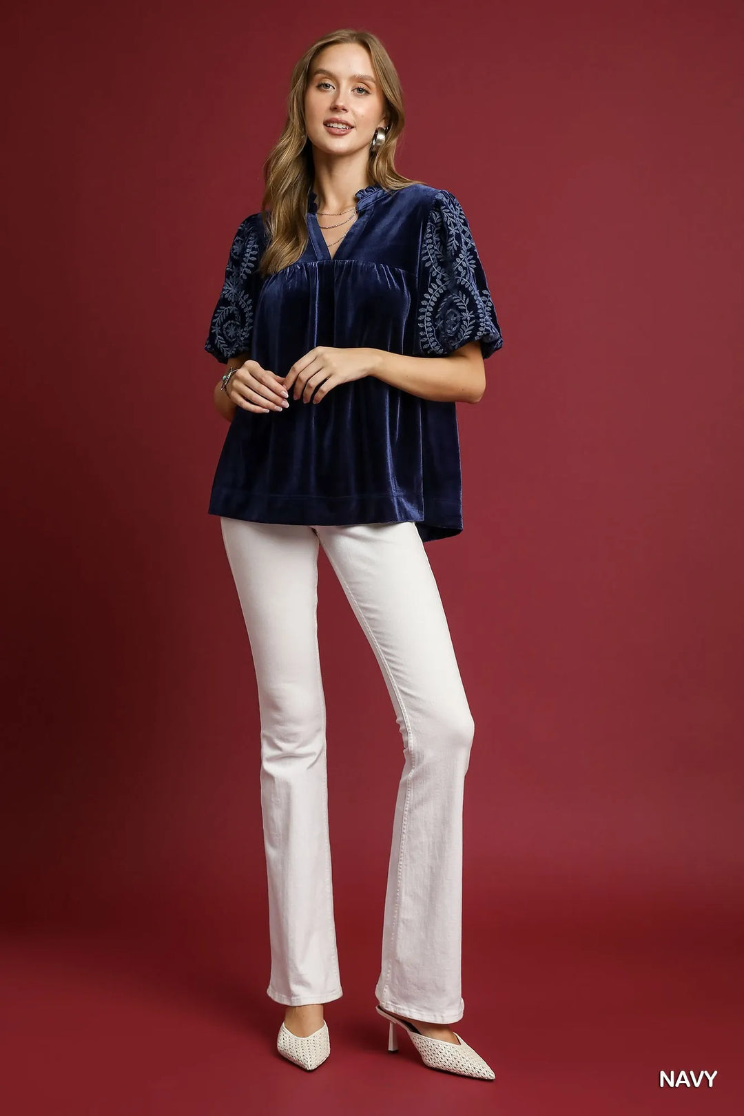 Umgee Velvet Embroidered Sleeve Blouse | Blouses Daverri Fashions
