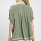 Umgee mint linen cotton blend V-neck blouse with ruffle sleeves and beige trim