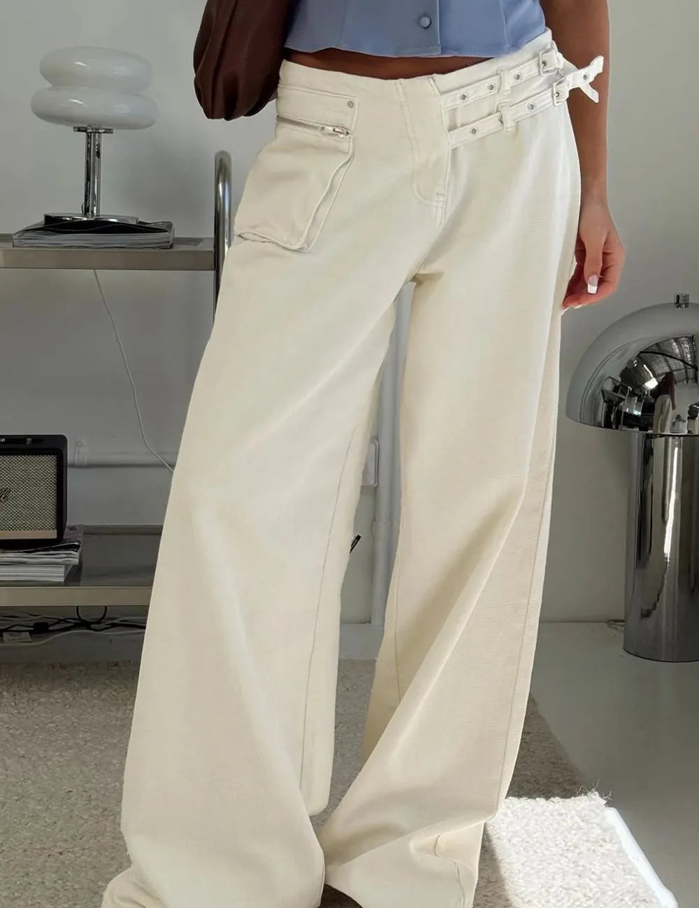 Cream Wide Leg Jeans with Pockets | Bottoms Daverri Fashions