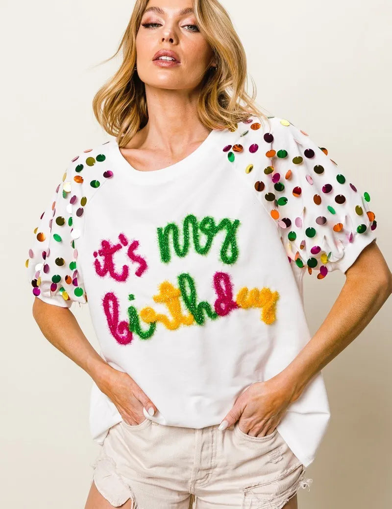 BiBi Metallic Letter Spangle Raglan Puff Sleeve Top | Tops Daverri Fashions