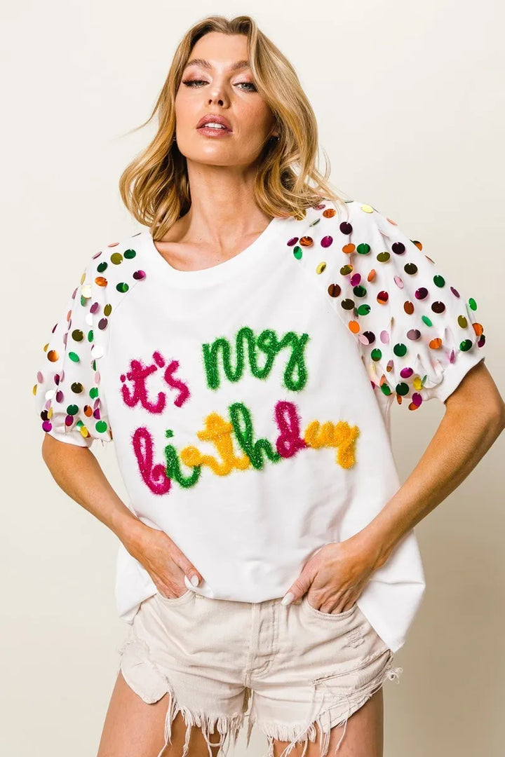 BiBi Metallic Letter Spangle Raglan Puff Sleeve Top Tops
