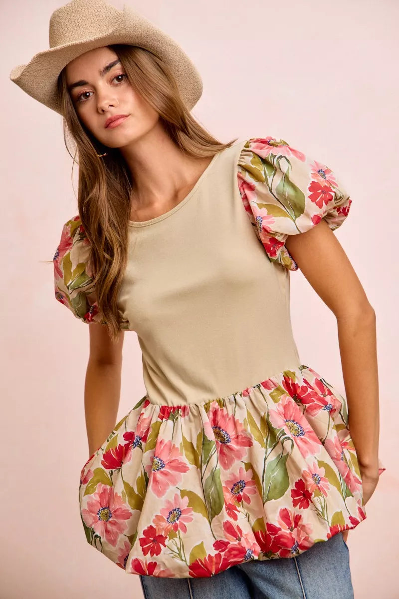 BiBi Floral Printed Peplum Top with Puff Sleeves and Flared Hem