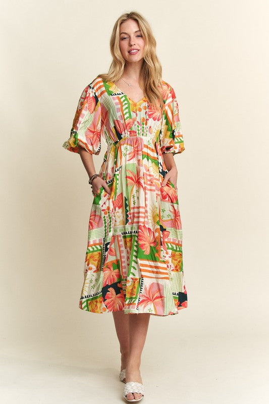 ADORA Floral V-Neck Puff Sleeve Midi Dress Natural Multicolor