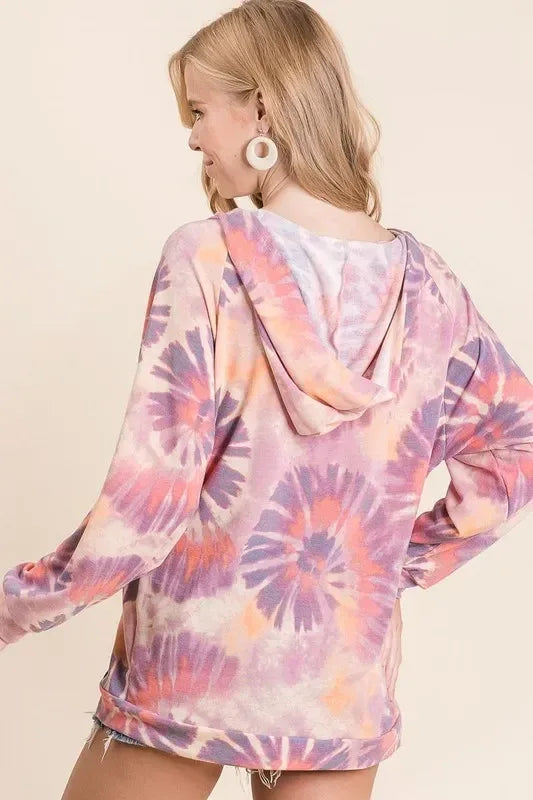 BiBi Circular Tie Dye Print Terry Hoodie with Kangaroo - DAVERRI FASHIONS