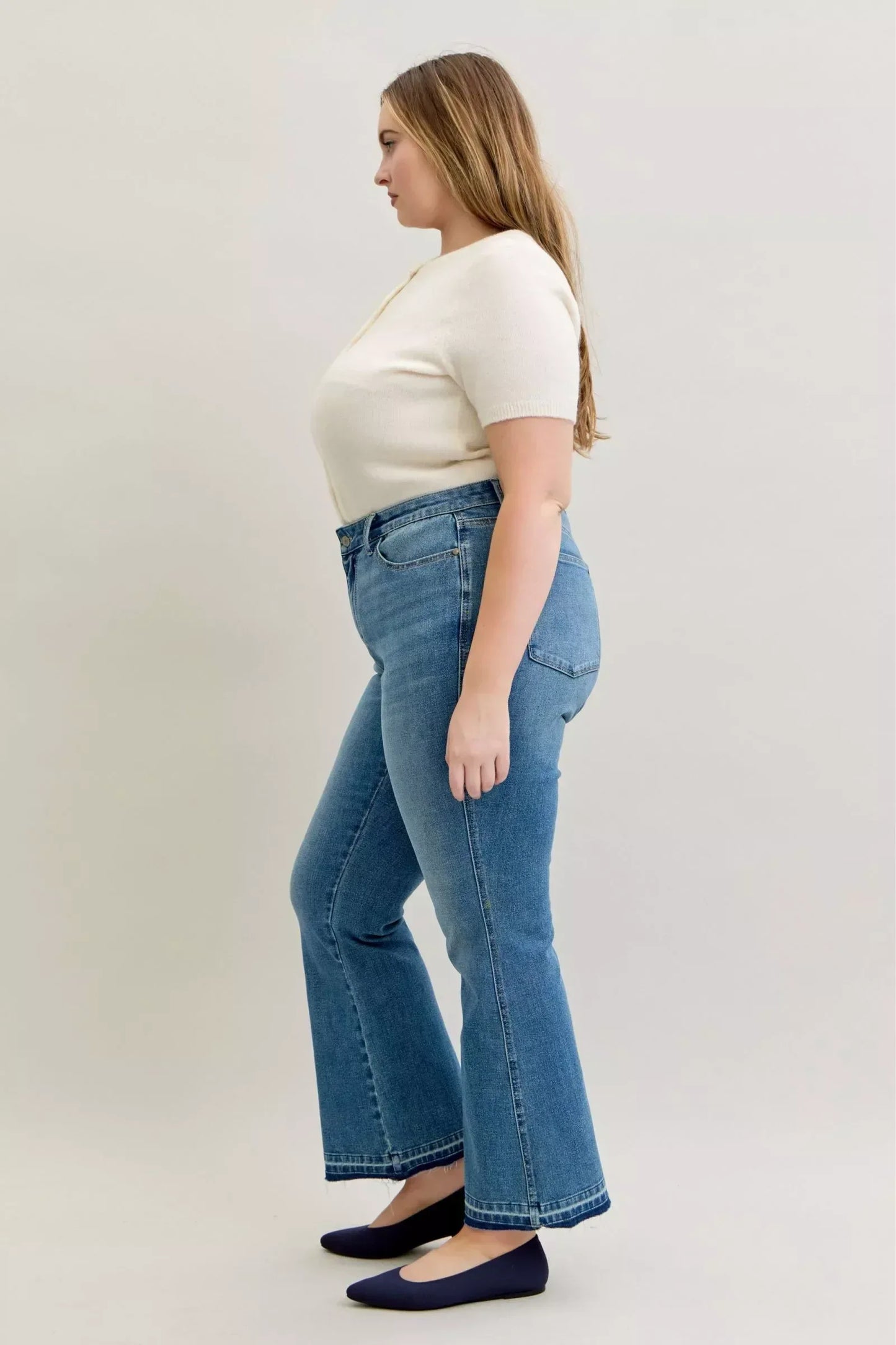 Judy Blue Full Size Mid Rise Slim Bootcut Tummy Control Release Hem Jeans Plus Size - DAVERRI FASHIONS
