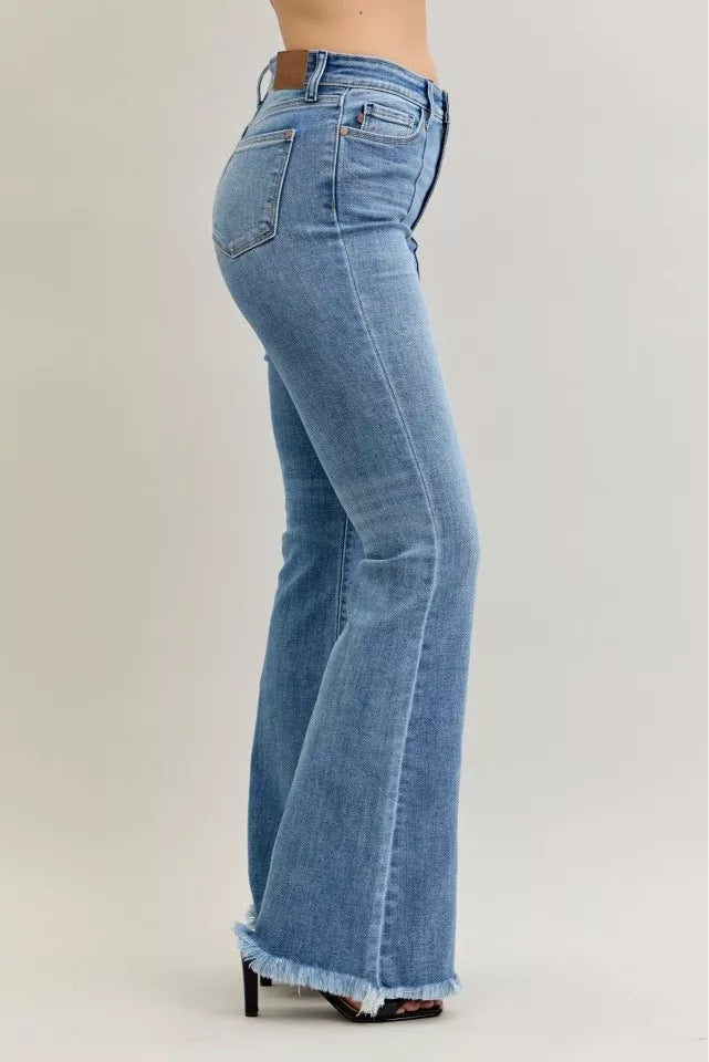 Judy Blue High Waist Flare Fray Hem Jeans with Front Pintuck Detail | Daverri Fashions