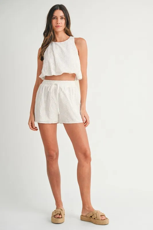 MABLE Eyelet Bubble Hem Sleeveless Top and Shorts Set Outfit Sets