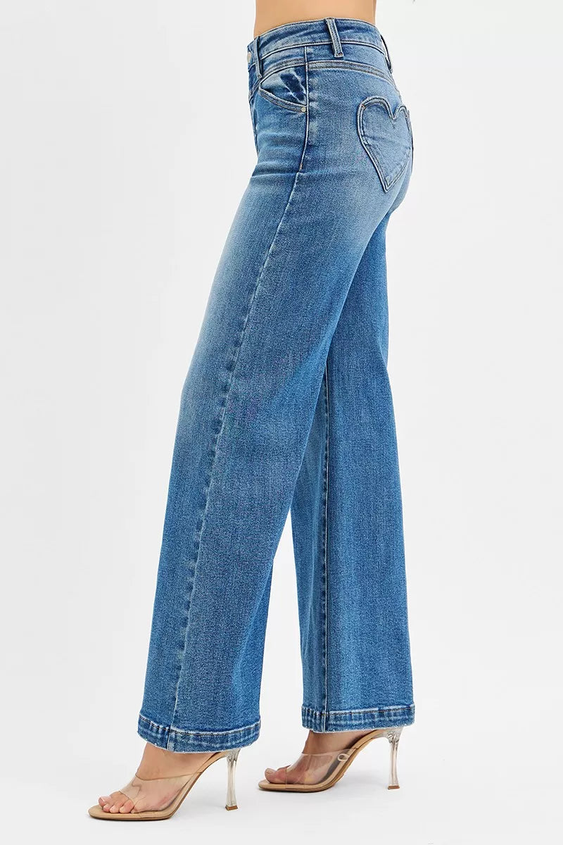 RISEN High Rise Wide Leg Jenas with Front Yoke and Heart Back Pocket | Jeans Daverri Fashions