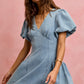 SO ME bubble sleeves light blue denim fit and flare mini dress
