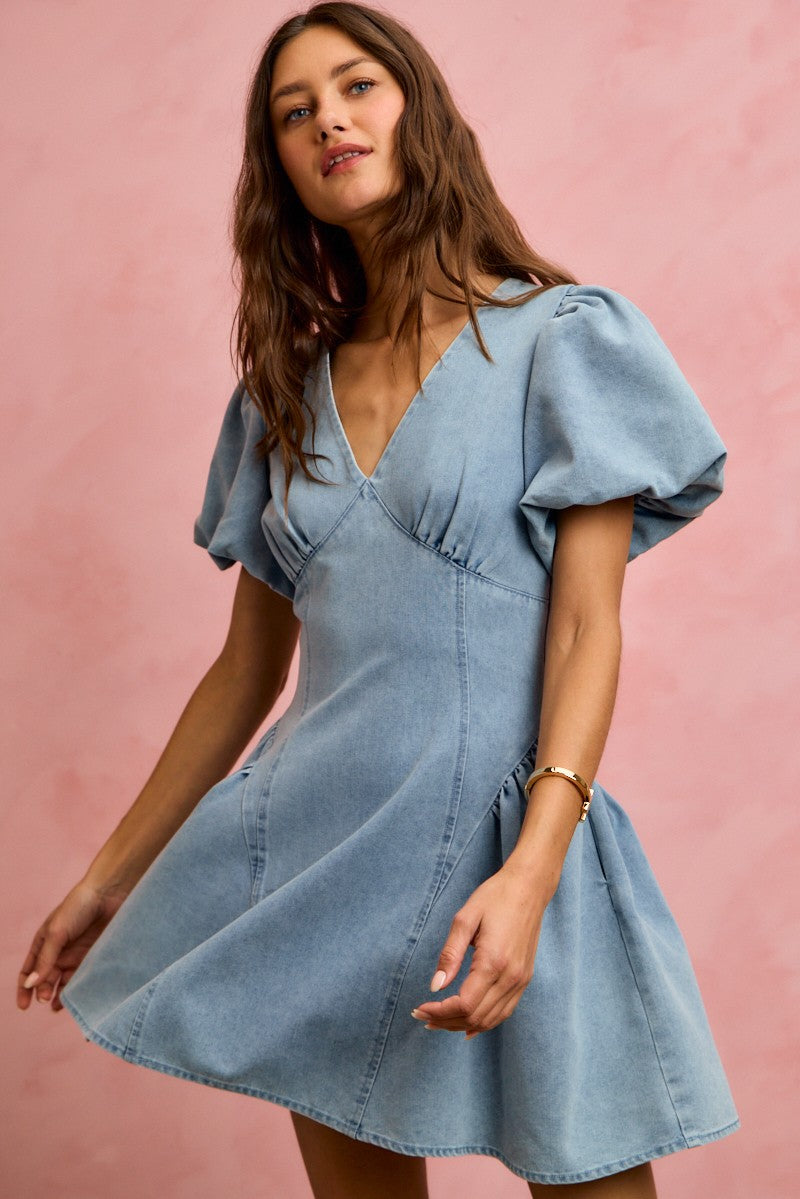 SO ME bubble sleeves light blue denim fit and flare mini dress