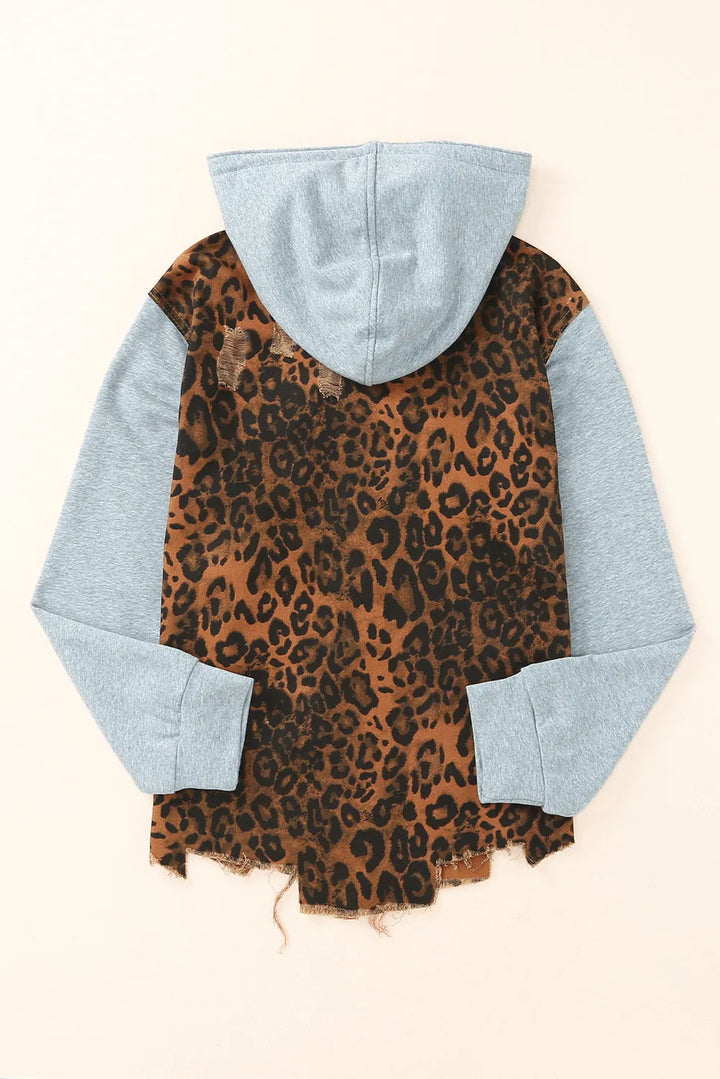 Leopard Distressed Drawstring Hooded Denim Jacket | Denim Jackets Daverri Fashions