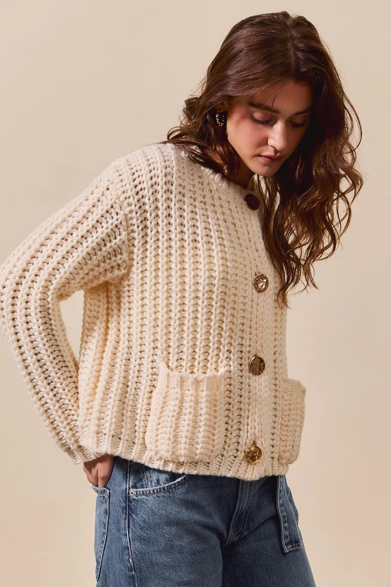 SO ME Metal Button Long Sleeve Chunky Sweater Cardigan Cardigans