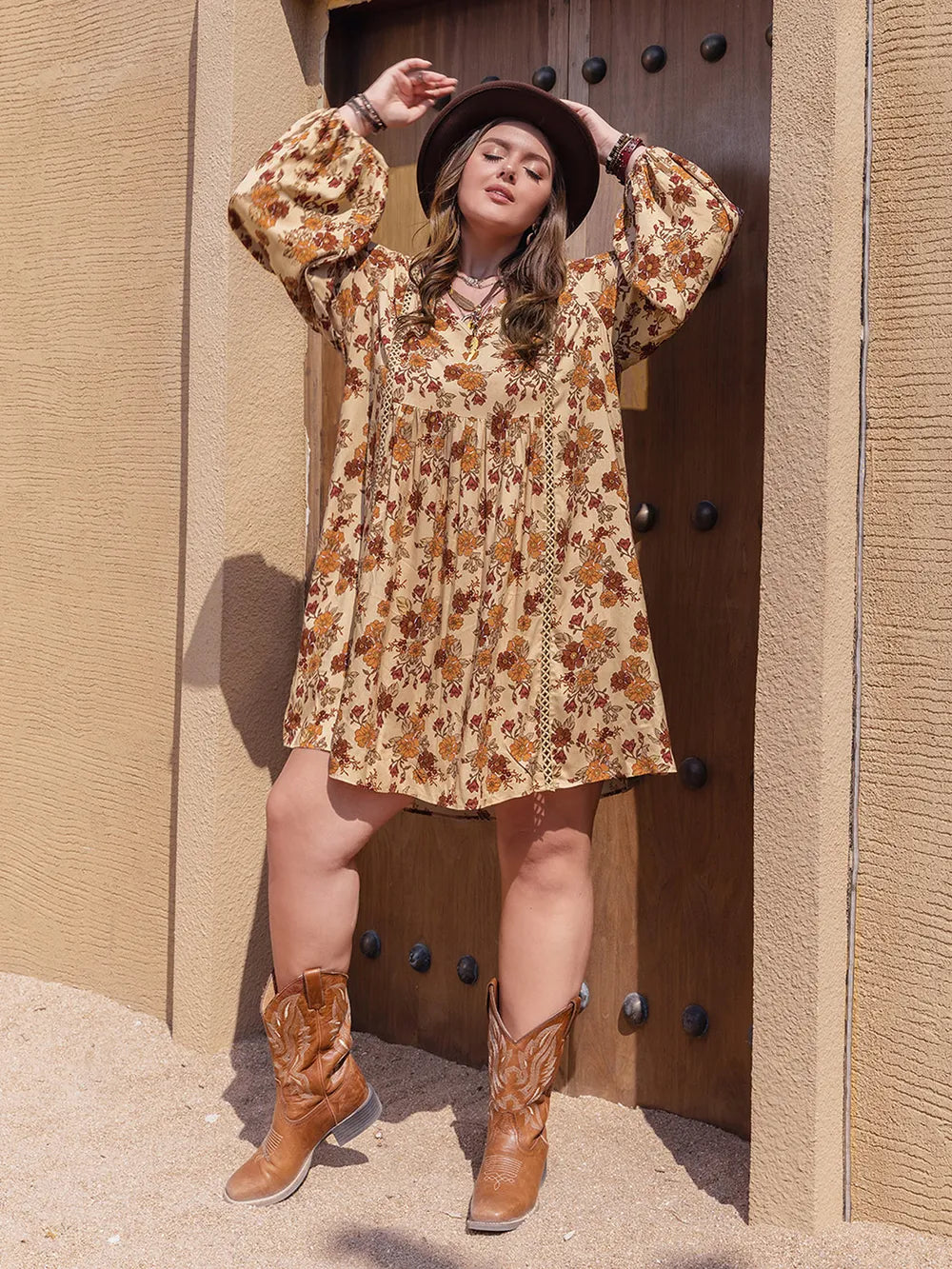 Plus Size Printed V-Neck Balloon Sleeve Mini Dress | Mini Dresses Daverri Fashions