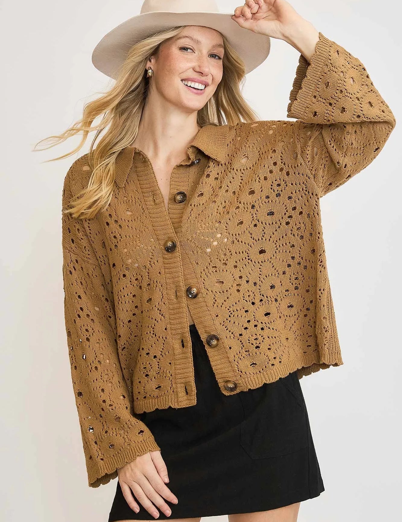 OATMEAL Umgee Crochet Button Down Knit Cardigan | Cardigans Daverri Fashions