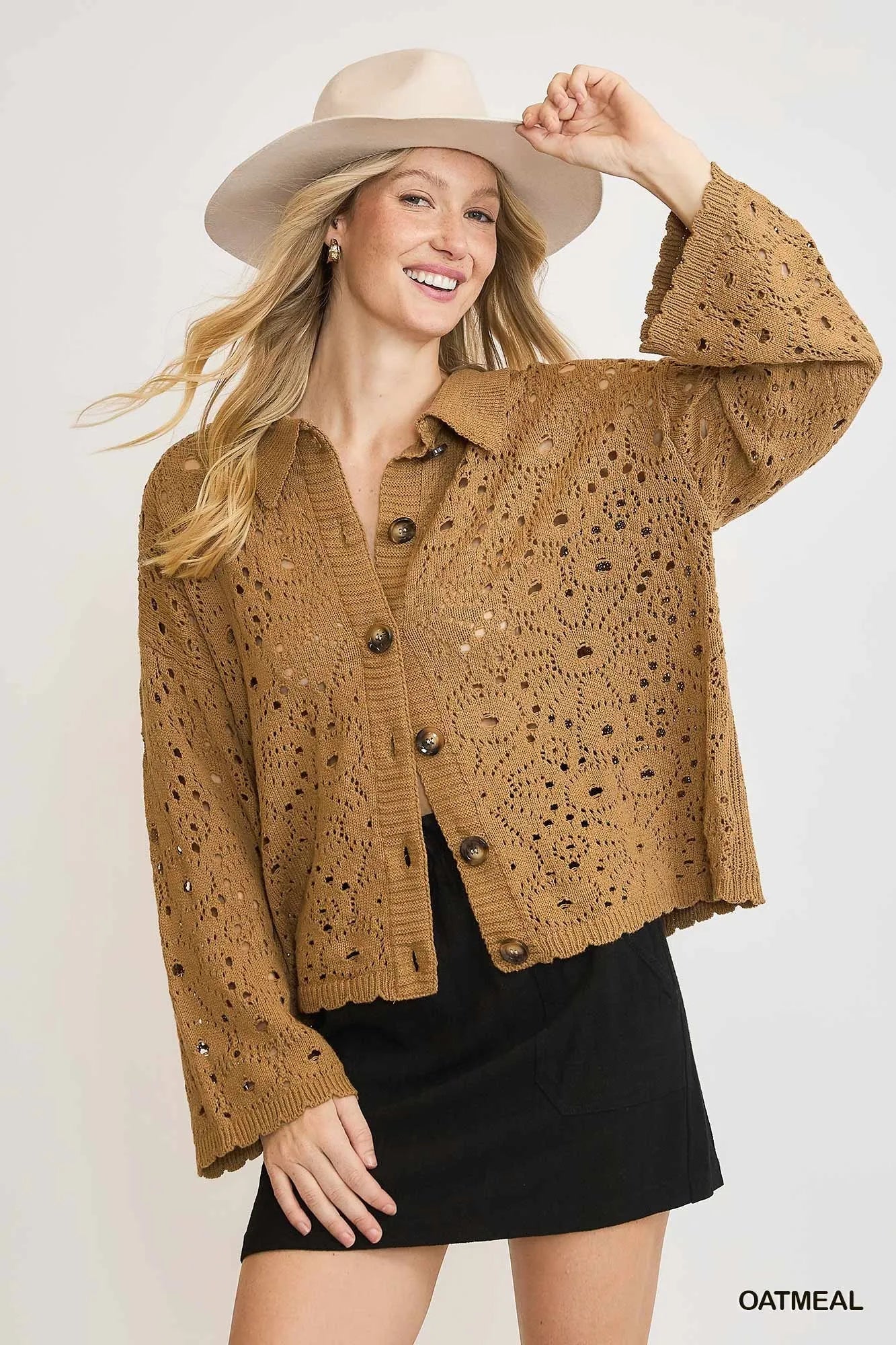 Umgee Crochet Button Down Knit Cardigan OATMEAL Cardigans