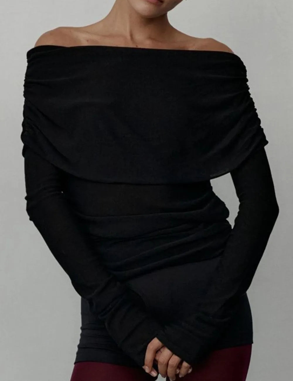 Black Off-Shoulder Long Sleeve Knit Top | Knit Tops Daverri Fashions